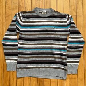 Vtg Lacoste Mens Size 6 / Medium Striped Cotton Crewneck Sweater Grey Brown Blue